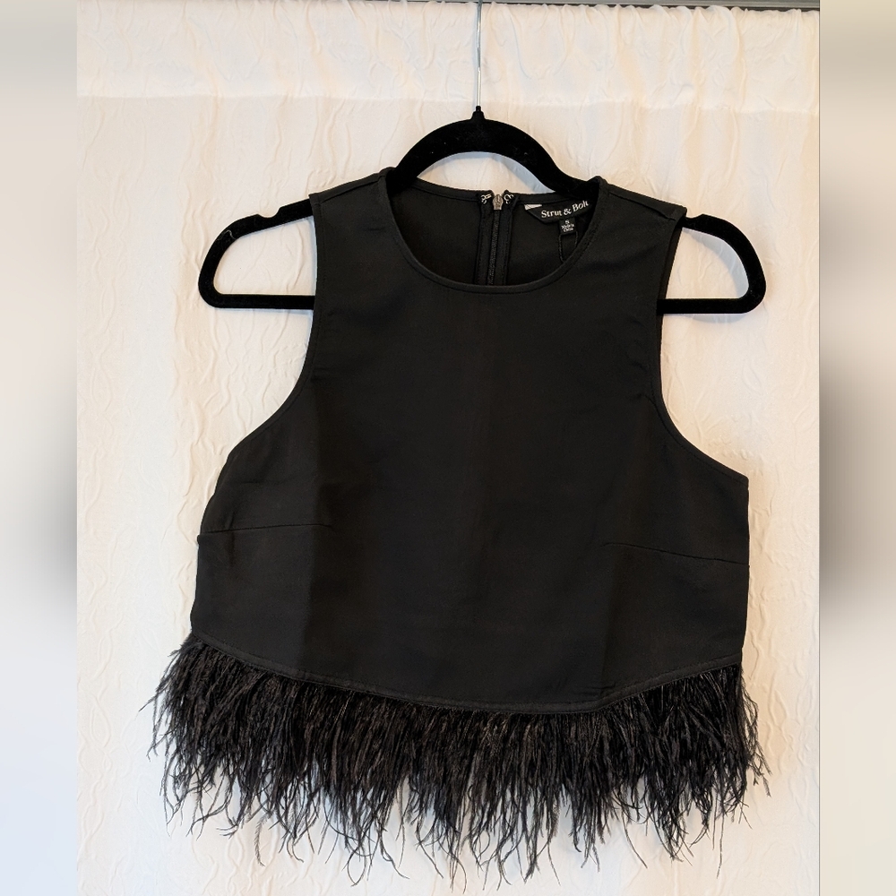 Elegant Black Feather Hem Crop Top